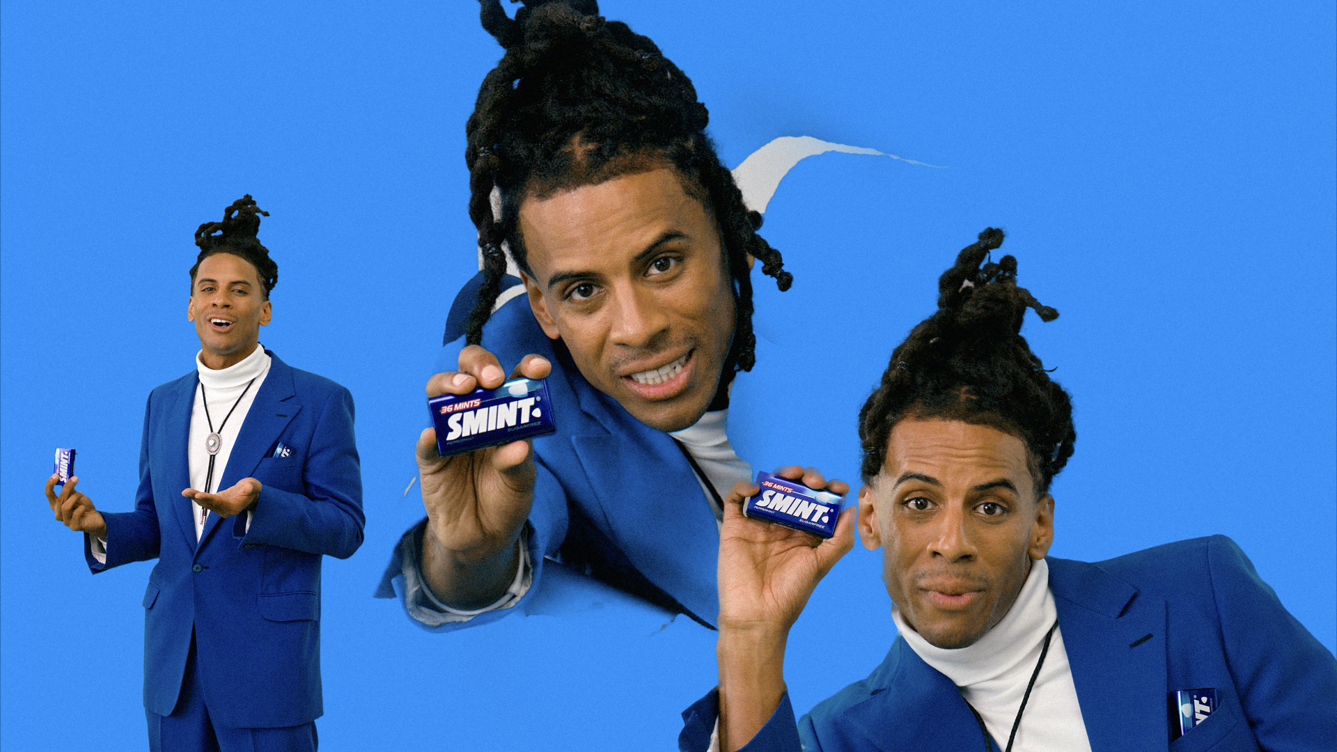 SMINT commercial with performer in blue suit holding SMINT mints